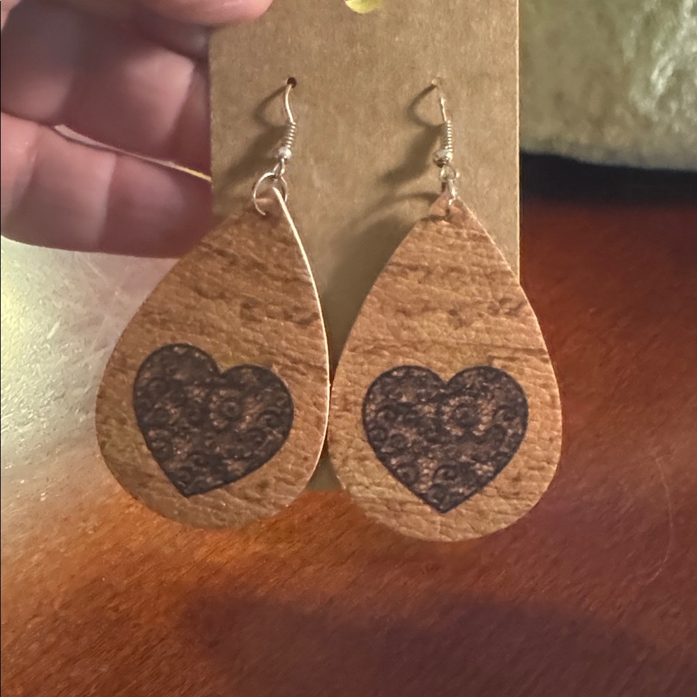 Faux Leather Brown Heart Earrings - Picture 2 of 4